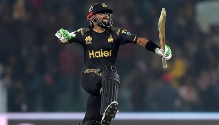 Former Pakistan captain Babar Azam celebrates during a Peshawar Zalmi match in PSL. — Instagram@peshawarzalmipk