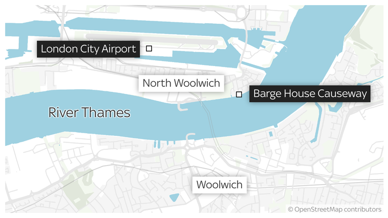 Location of Barge House Causeway, North Woolwich, where 11-year-old girl Kaliyah Coa went into the River Thames on 31/03