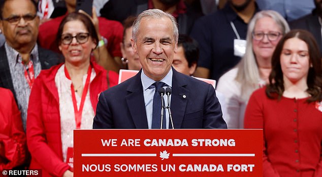 Canada Prime Minister Mark Carney (pictured) warned that Donald Trump is 'trying to break us so that America can own us' in his victory speech after his Liberals won the federal election Monday