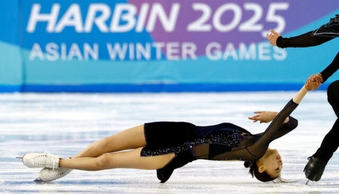 Chinas Yuchen Wang and Lei Zhu perform during the Mixed Pair Skating Free Skating at the Harbin 2025 — Asian Winter Games in HIC Multifunctional Hall, Harbin, China, on February 12, 2025. —Reuters