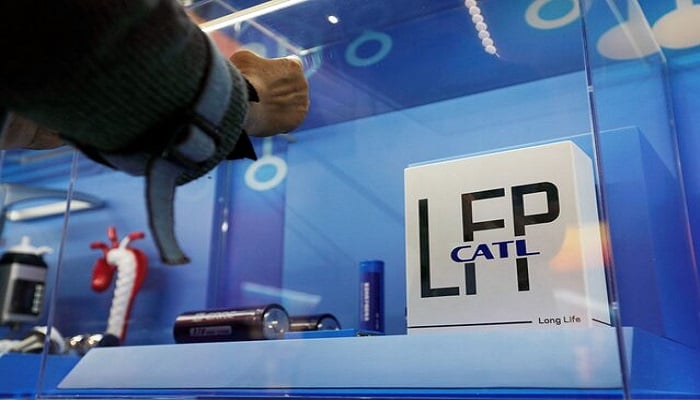The logo of Chinese battery maker CATL is seen among a display of batteries at an exhibition titled Forging Ahead in the New Era during an organised media tour ahead of the 20th National Congress of the Communist Party of China, in Beijing, China, October 12, 2022.— Reuters
