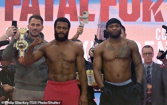 Mandatory Credit: Photo by Philip Sharkey/TGS Photo/Shutterstock (15270185ae) Cheavon Clarke and Viddal Riley during a Weigh-In at the Business Design Centre on 25th April 2025 Eubank Jr vs Benn Weigh-In, Boxing, Business Design Centre, Islington, London, UK - 25 Apr 2025