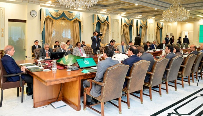 A delegation of the Pakistan Peoples Party discusses the controversial canals project with Prime Minister Shehbaz Sharif in Islamabad on April 24, 2025. —PID