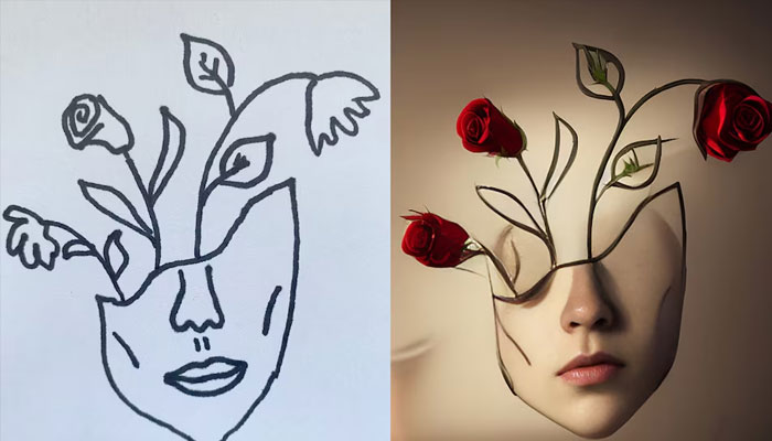 A sketch drawn by Kris Kashtanova (L) that the artist fed into AI program Stable Diffusion and transformed into the resulting image (R) using text prompts. — Reuters