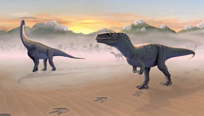 This illustration shows a meat-eating dinosaur (right) from the dinosaur family called megalosaurs and a plant-eating dinosaur (left) from a dinosaur clade called sauropods mingling at a shallow freshwater lagoon environment on Scotlands Isle of Skye about 167 million years ago during the Jurassic Period. — Reuters