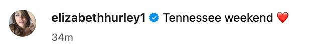 Revealing the location of the photos, Elizabeth captioned them: 'Tennessee weekend [red heart emoji]'