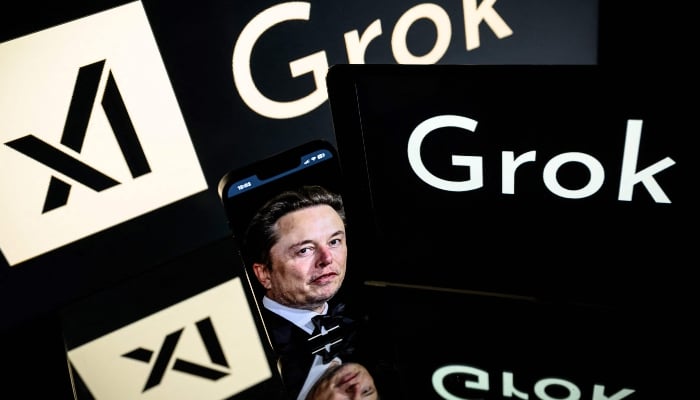 This photo illustration, taken on January 13, 2025, in Toulouse shows screens displaying the logos of xAI and Grok, and xAI founder Elon Musk. — AFP