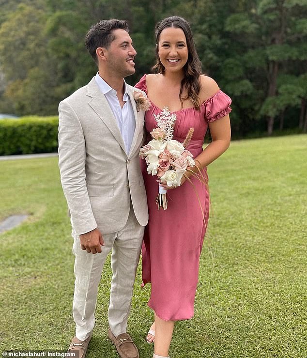 Joel Evans is pictured with his fiancee Michaela Hurt, who has revealed she's due to give birth to their baby son in October