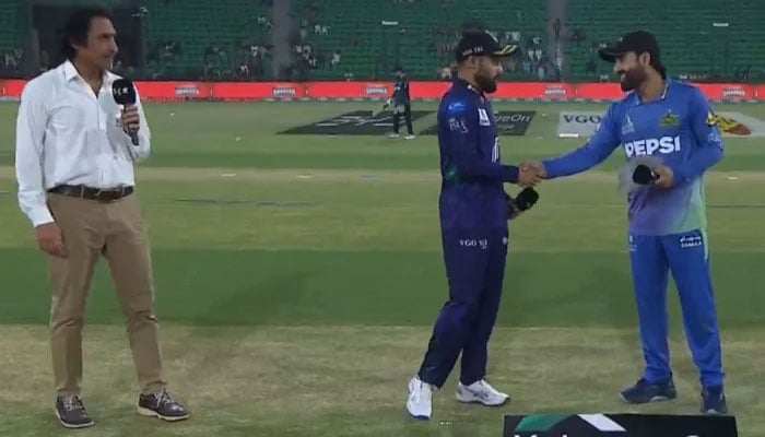 Saud Shakeel (Left) and Mohammad Rizwan (Right) shake hands during the toss ahead of their Pakistan Super League (PSL) 10 match at the Gaddafi Stadium in Lahore on April 29, 2025. — Screengrab