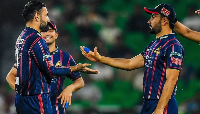 Karachi Kings all-rounder Mohammad Nabi celebrates wicket with Khusdil Shah during match against Quetta Gladiators in ongoing Pakistan Super League at Gaddafi Stadium, Lahore, April 25, 2025. — Facebook/Karachi Kings