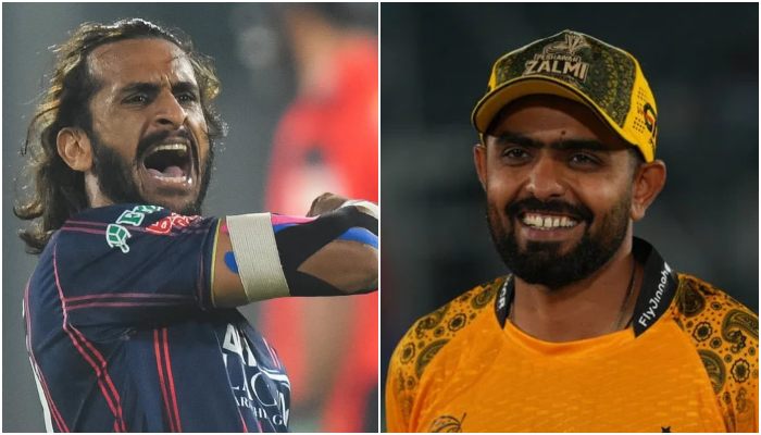 A collage showing Karachi Kings Hasan Ali (left) and Peshawar Zalmis  Babar Azam during a PSL match. — Facebook@KarachiKings/thePSL/File