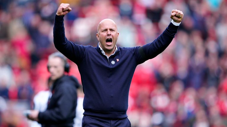 Manager Arne Slot celebrates at Anfield on 13 April. Pic: PA