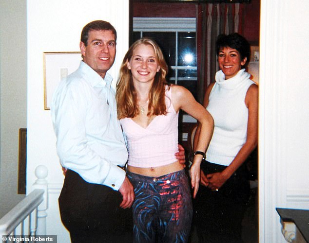 Giuffre claimed she was sexually abused by Prince Andrew at the behest of Epstein's associate, jailed British socialite Ghislaine Maxwell, when she was just 17. She is seen here alongside the two