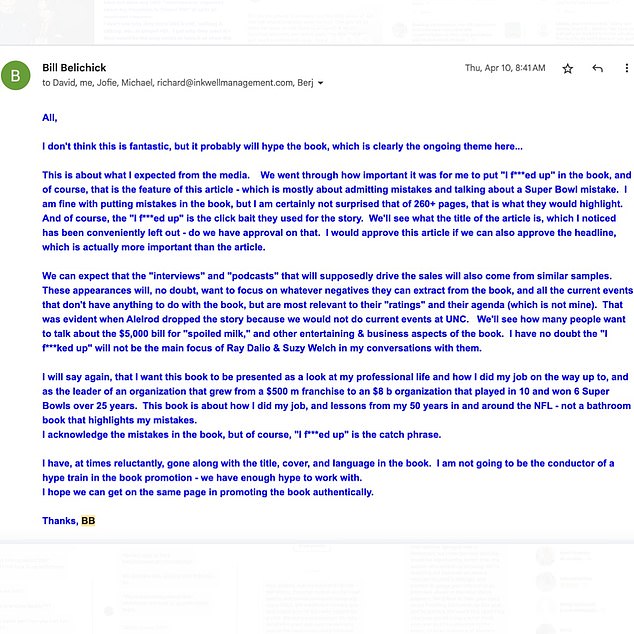 Belichick's girlfriend Jordon Hudson shared an email from the coach to Instagram Tuesday