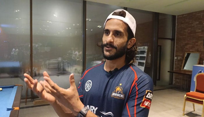 Pakistan fast bowler Hasan Ali interacts with Geo News correspondent on April 21, 2025. — reporter