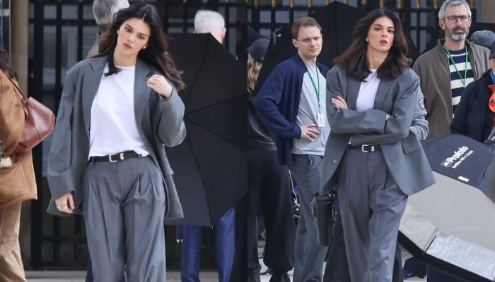 Kendall Jenner turns heads in sleek grey suit on Paris set