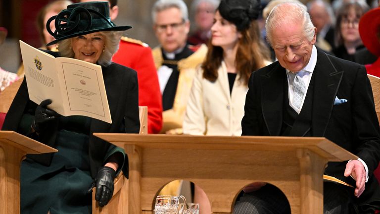 King Charles and Queen Camilla laugh during the Royal Maundy Service at Durham Cathedral.
Pic: PA