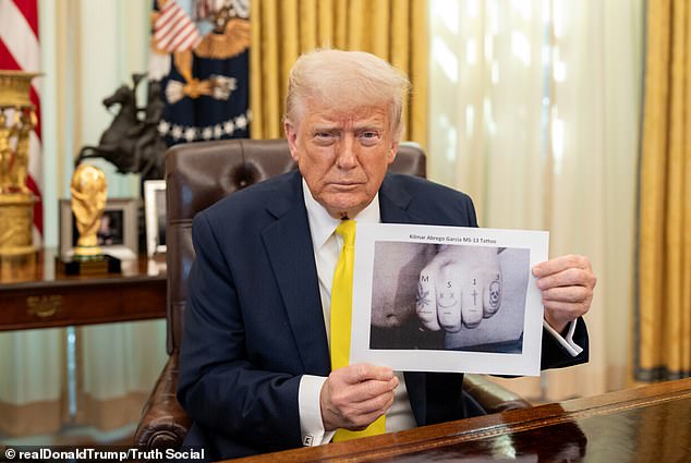 Moran cited a photo Trump had posted multiple times showing knuckle tattoos on Garcia - who remains imprisoned in his native El Salvador. Moran said the actual MS13 was superimposed on the picture to decipher what his actual tattoos meant