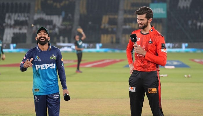 Multan Sultans Mohammad Rizwan (left) and Lahore Qalandars Shaheen Shah Afridi at the toss for their PSL 10 match at the Multan Cricket Stadium on .  - PCB