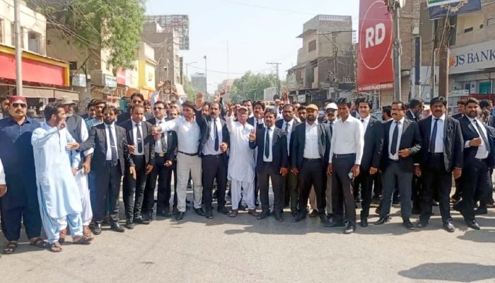 Members of District Bar Association are holding a protest rally against building new canals to draw additional water from the Indus River, at Jinnah Bagh in Larkana on Monday, April 28, 2025. — PPI