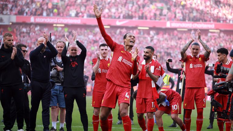Captain Virgil van Dijk (centre) celebrates. Pic: Reuters