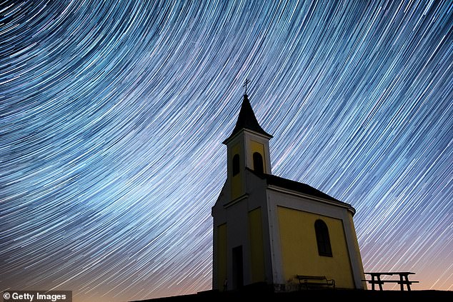 Multiple exposures were combined to produce this image of the Lyrids shower over Michaelskapelle on April 20, 2020 in Niederhollabrunn, Austria