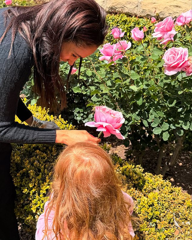 Princess Lilibet, three, could be seen with her hair down and wearing a pink top in the sweet snap with her mother Meghan, Duchess of Sussex