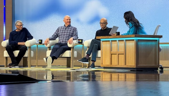 (From left to right) Microsoft co-founder Bill Gates, former Microsoft CEO Steve Ballmer, and CEO of Microsoft Satya Nadella make a joint public appearance at the Microsofts 50th anniversary celebration in Redmond, Washington, US, on April 4, 2025. — Reuters