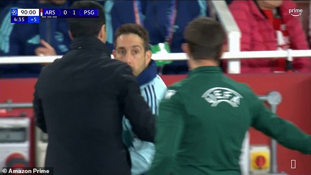 Mikel Arteta had to step in as his set-piece coach Nicolas Jover argued with the fourth official