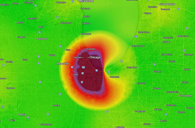 Google Maps revealed a massive cloud of hazardous air sitting over Chicago Wednesday afternoon