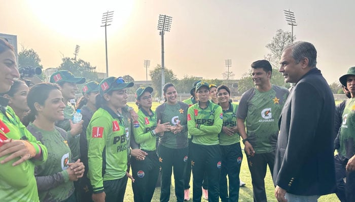 Pakistan Cricket Board (PCB) Chairman Mohsin Naqvi interacts with womens national cricket team players at Lahore City Cricket Association (LCCA) Ground on April 19, 2025. — reporters