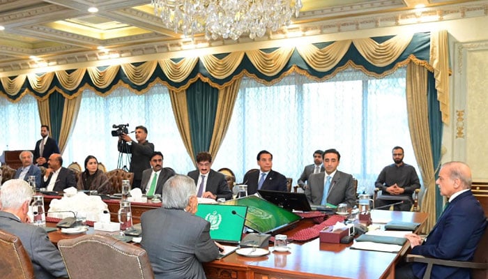 A delegation of PPP led by Bilawal Bhutto Zardari meets PM Shehbaz Sharif on April 24, 2025. — PID