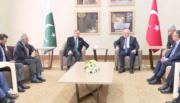 Prime Minister Shehbaz Sharif (third from left) meets Turkiyes Defence Minister Yashar Guler on April 22, 2025. — Radio Pakistan/screengrab