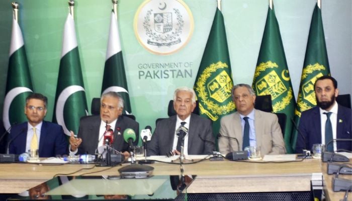 Federal ministers address press conference in Islamabad, April 24, 2025. — PID