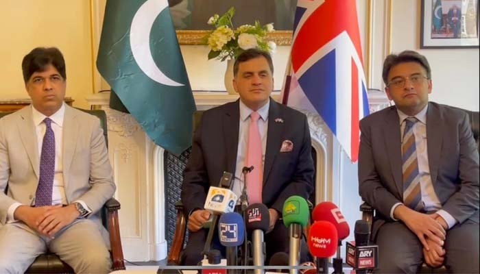 Pakistan’s High Commissioner to the United Kingdom Dr Muhammad Faisal addresses press conference in London, April 29, 2025. — Reporter