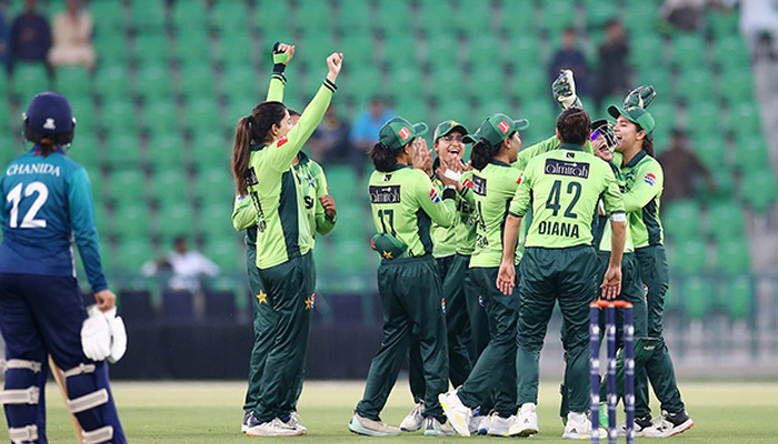 Pakistan players celebrate a dismissal during their ICC Womens World Cup Qualifier match against Thailand at the Gaddafi Stadium in Lahore on April 17, 2025. — Facebook/PakistanCricketBoard