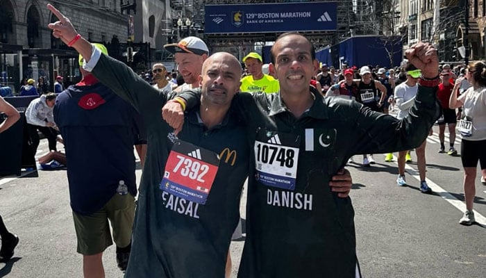 Pakistan runners — Faisal Shafi (left) and Danish Elahi — celebrating their win after taking part in the worlds oldest Boston Marathon on April 21, 2025. — Reporter