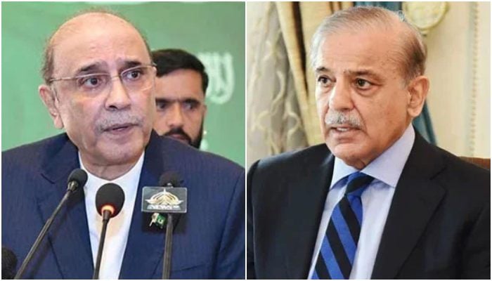 A collage showing President Asif Ali Zardari (left) and PM Shehbaz Sharif. — APP/Geo News/File
