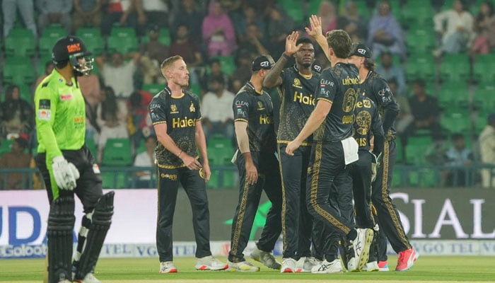 Peshawar Zalmi’s players celebrating after taking wicket of a Lahore Qalandars’ batter during the PSL X match at the Gaddafi Stadium on April 24, 2025.— X/@TheRealPCB