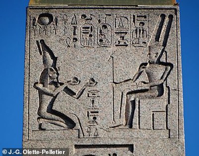 This scene on the Paris obelisk, originally facing the River Nile, shows Egyptian pharaoh Ramses (left) making an offering to the god Amun. Around 3,000 years ago, it was only intended to be seen by nobles arriving by boat