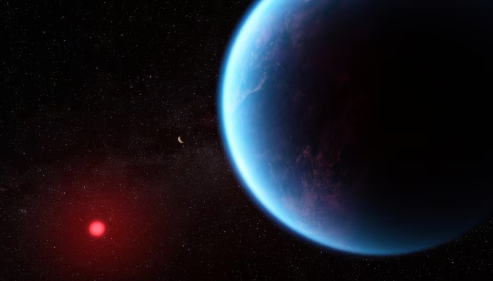 An artists concept shows what exoplanet K2-18 b could look like based on science data. The illustration was released on September 11, 2023. —Reuters