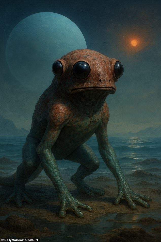 ChatGPT predicted that the lifeforms on K2-18b may evolve into large frog-like creatures with enormous eyes because of the planet's dim sun (AI impression)