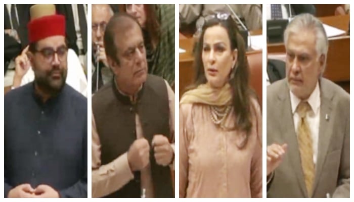 (Left to right) ANP President Aimal Wali, Leader of the Opposition in the Senate, Shibli Faraz, PPP Senator Sherry Rehman, Foreign Minister Ishaq Dar addressing the Senate session on April 25, 2025. —Screengrab/Geo News