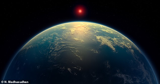 An illustration of a Hycean world, which experts believe K2-18b could be, orbiting its red dwarf star