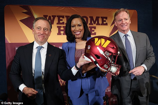 The DC government announced the plans to bring the Commanders back within the city limits (L-R: team owner Josh Harris, DC Mayor Muriel Bowser, NFL commissioner Roger Goodell)