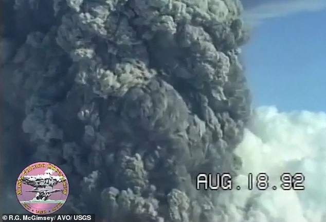 A resurfaced video taken on August 18, 1992 shows an enormous black cloud of ash billowing out of Mount Spurr's side vent, Crater Peak