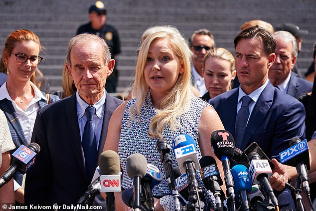 Before she died, family members had expressed fears over her mental state. Her father Sky Roberts said his daughter was 'very depressed' and 'in really bad shape'. Pictured: Virginia Giuffre center, with attorneys David Boies, left, and Brad Edwards, right, in 2019