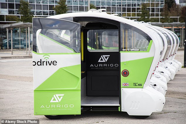 Aconvoy of Aurrigo autonomous pods in Milton Keynes