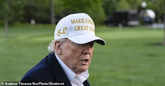 Mandatory Credit: Photo by Andrew Thomas/NurPhoto/Shutterstock (15273413b) President Donald J. Trump arrives at the White House from Bedminster, New Jersey, on April 27, 2025, in Washington, D.C. On the way into the White House, he stops and talks to the press. President Donald J Trump Return's To The White House, Washington Dc, United States - 28 Apr 2025