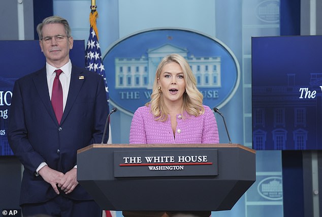 White House press secretary Karoline Leavitt speaks during a briefing with Treasury Secretary Scott Bessent at the White House